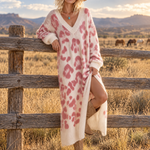 Boho Chic Women's Pink Leopard Knit V Neck Maxi Sweater Dress