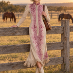 Western Boho Women's Tan Suede Leopard Print Zip Front Fringe Midi Dress