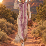 Western Boho Women's Tan Suede Leopard Print Zip Front Fringe Midi Dress