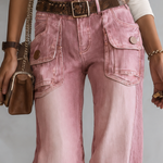Pink Acid Wash Wide Leg Cargo Jeans