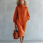 Retro-chic Orange Mock-neck Half-button Mohair Knit Midi Dress