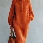Retro-chic Orange Mock-neck Half-button Mohair Knit Midi Dress