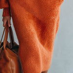 Retro-chic Orange Mock-neck Half-button Mohair Knit Midi Dress