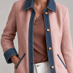 Casual Retro Pink Fleece Denim Patchwork Mid-length Coat