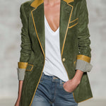 Vintage Equestrian Olive Green Suede Blazer With Contrast Trim And Striped Cuffs