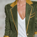 Vintage Equestrian Olive Green Suede Blazer With Contrast Trim And Striped Cuffs