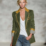 Vintage Equestrian Olive Green Suede Blazer With Contrast Trim And Striped Cuffs