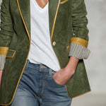 Vintage Equestrian Olive Green Suede Blazer With Contrast Trim And Striped Cuffs
