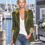 Vintage Equestrian Olive Green Suede Blazer With Contrast Trim And Striped Cuffs
