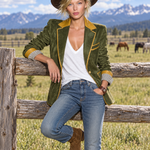 Vintage Equestrian Olive Green Suede Blazer With Contrast Trim And Striped Cuffs
