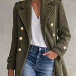 Vintage Military Women's Olive Green Wool Long Coat Leopard Lining Gold Buttons