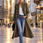 Vintage Military Women's Olive Green Wool Long Coat Leopard Lining Gold Buttons