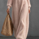 Elegant Minimalist Women's Blush Pink Fuzzy Knit V Neck Maxi Sweater Dress