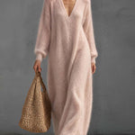 Elegant Minimalist Women's Blush Pink Fuzzy Knit V Neck Maxi Sweater Dress