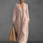 Elegant Minimalist Women's Blush Pink Fuzzy Knit V Neck Maxi Sweater Dress