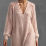 Elegant Minimalist Women's Blush Pink Fuzzy Knit V Neck Maxi Sweater Dress