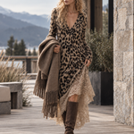 Cozy Lace Hem Long-haired Leopard Print V-neck Knit Maxi Dress