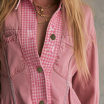 Pink Denim Jacket Dress Button Front Frayed Hem Mini Coat