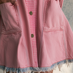 Pink Denim Jacket Dress Button Front Frayed Hem Mini Coat
