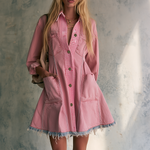 Pink Denim Jacket Dress Button Front Frayed Hem Mini Coat
