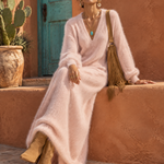 Elegant Minimalist Women's Blush Pink Fuzzy Knit V Neck Maxi Sweater Dress