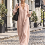Elegant Minimalist Women's Blush Pink Fuzzy Knit V Neck Maxi Sweater Dress