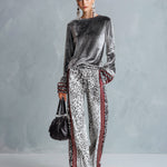 Chic Casual Leopard-print Trim Grey Velvet Long-sleeve T-shirt