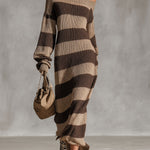Retro Chic Brown Striped Off-shoulder Long-sleeved Knit Maxi Dress