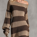 Retro Chic Brown Striped Off-shoulder Long-sleeved Knit Maxi Dress
