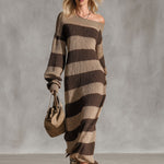 Retro Chic Brown Striped Off-shoulder Long-sleeved Knit Maxi Dress