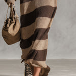 Retro Chic Brown Striped Off-shoulder Long-sleeved Knit Maxi Dress