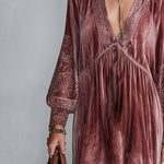 Vintage-style Dusty Pink Printed V-neck Velvet Maxi Dress