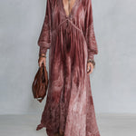 Vintage-style Dusty Pink Printed V-neck Velvet Maxi Dress
