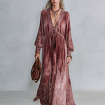 Vintage-style Dusty Pink Printed V-neck Velvet Maxi Dress