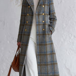 Vintage-style Elegant Blue-grey Plaid Double-breasted Coat