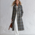 Vintage-style Elegant Blue-grey Plaid Double-breasted Coat