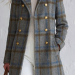 Vintage-style Elegant Blue-grey Plaid Double-breasted Coat
