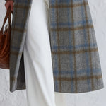 Vintage-style Elegant Blue-grey Plaid Double-breasted Coat