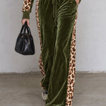 Retro Color-blocked Leopard Print Trim Green Velvet Ruffle Top And Pants Set