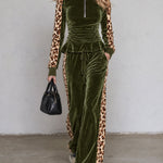 Retro Color-blocked Leopard Print Trim Green Velvet Ruffle Top And Pants Set