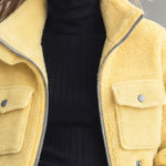 Retro Chic Yellow Pocket Zip-up Fleece Coat