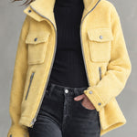 Retro Chic Yellow Pocket Zip-up Fleece Coat