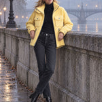 Retro Chic Yellow Pocket Zip-up Fleece Coat