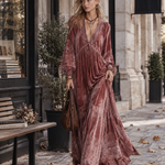 Vintage-style Dusty Pink Printed V-neck Velvet Maxi Dress