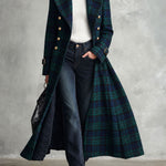 Retro Elegant Green Plaid Double-Breasted Gold-Button Flared Long Coat
