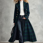 Retro Elegant Green Plaid Double-Breasted Gold-Button Flared Long Coat