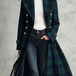 Retro Elegant Green Plaid Double-Breasted Gold-Button Flared Long Coat