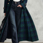 Retro Elegant Green Plaid Double-Breasted Gold-Button Flared Long Coat