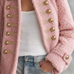 Retro Elegant Pink Teddy Fleece Stand-Collar Gold-Button Military Coat
