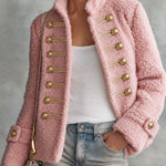 Retro Elegant Pink Teddy Fleece Stand-Collar Gold-Button Military Coat